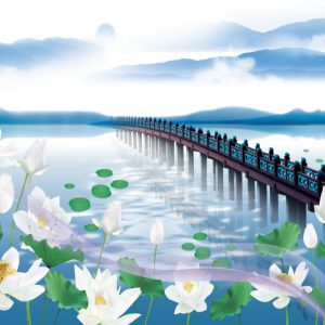 Tranh phong cảnh cây cầu và hoa sen