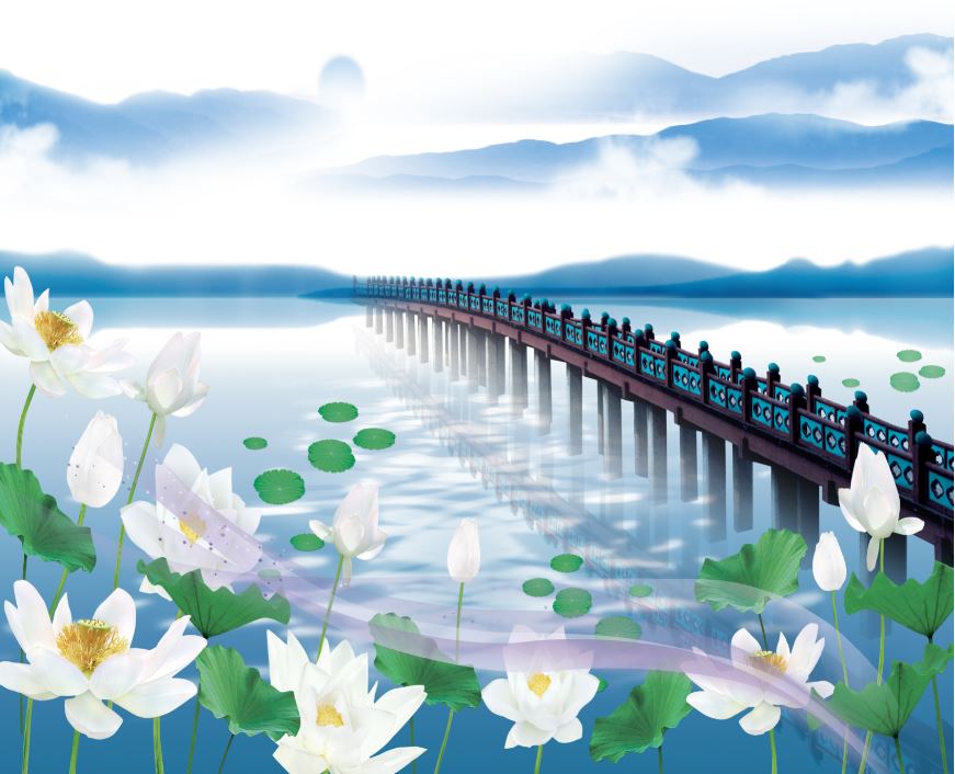 Tranh phong cảnh cây cầu và hoa sen - Xưởng in Rimac