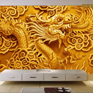 Tranh dán tường 3D rồng vàng cuộn mây